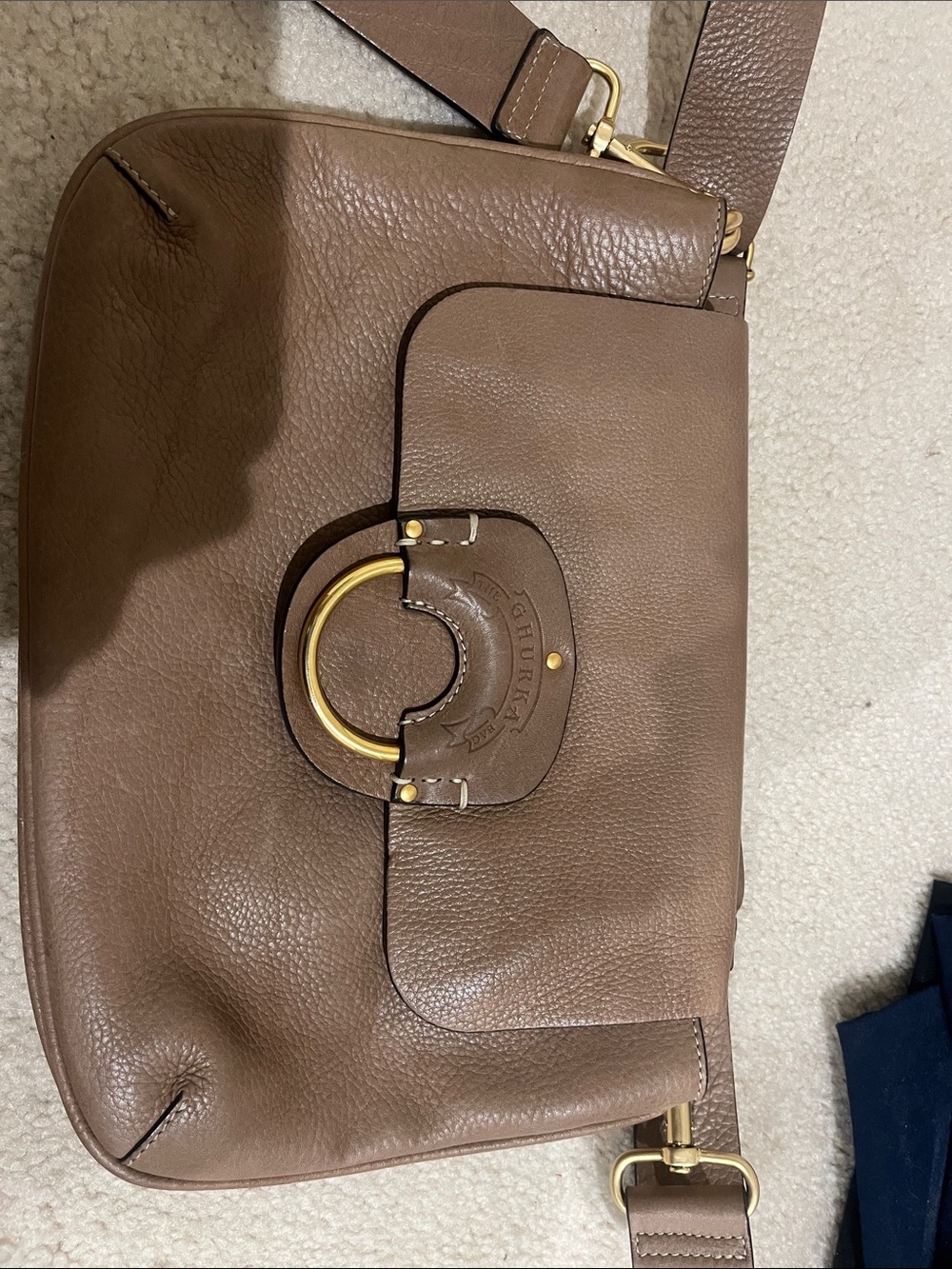 Ghurka Taupe Brown Leather Crossbody with Gold Ring Accent